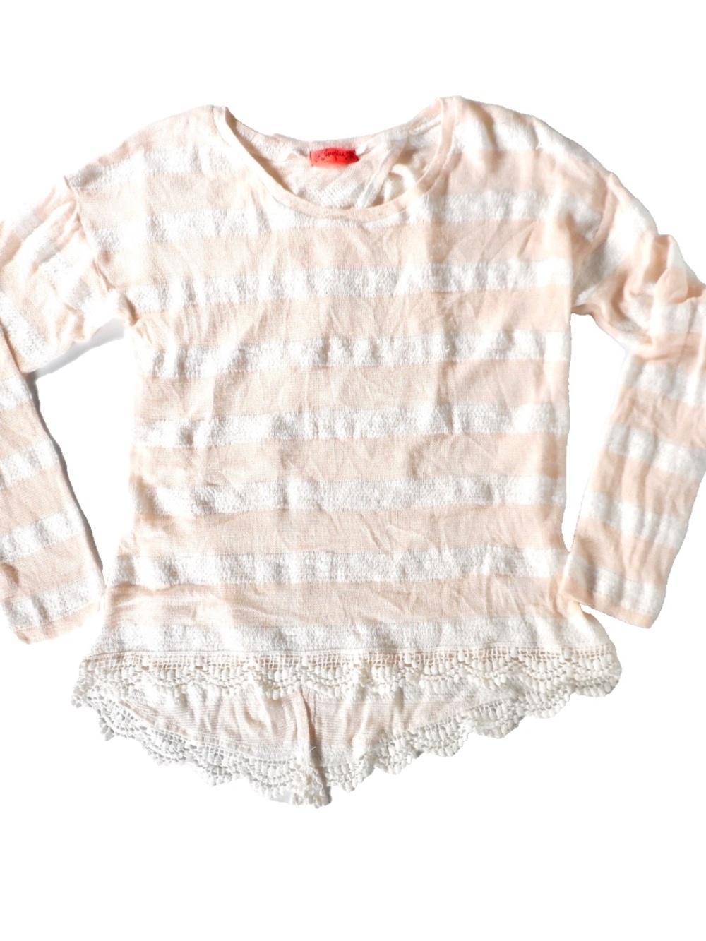 Live To Be Spoiled Peach White Stripe M Knit Top Sweater Lace Open-Back Overlap